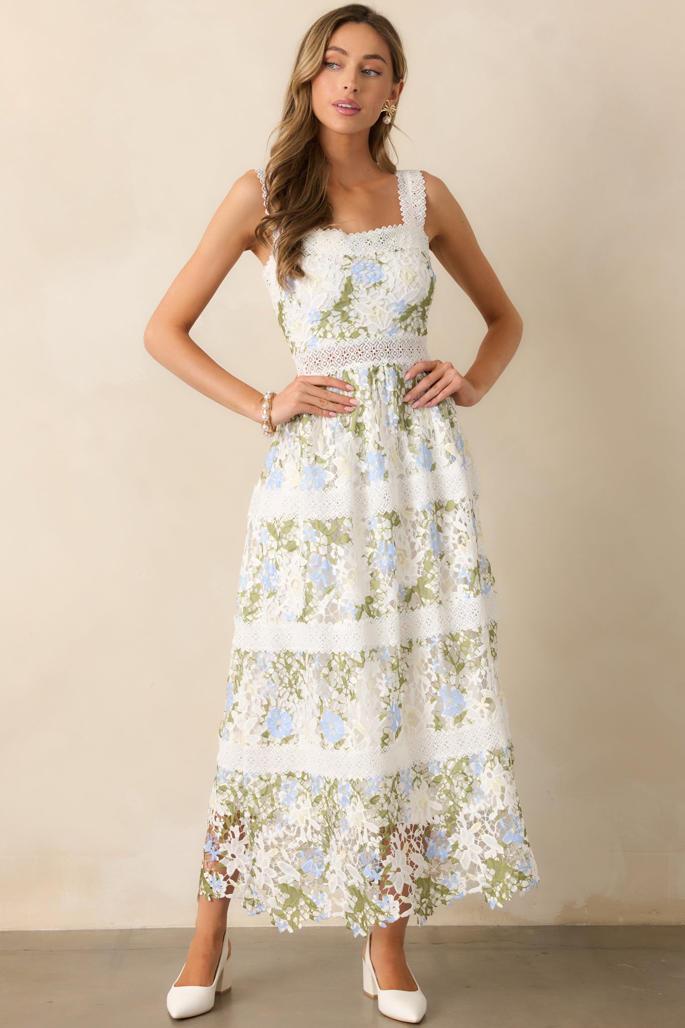 white embroidered dress Ivory Floral Maxi - All Dresses Soft florals Size:L(Fit for EU 44-46, US 12-14, AU 16-18, UK 16-18, NZ 16-18) SHEIN DivaQ Women's Fishnet halloweenflashsale