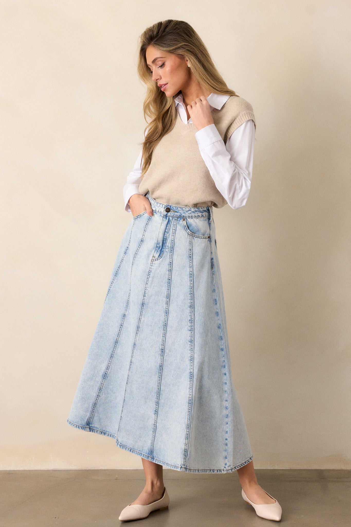 100% Cotton Light Wash Maxi Denim Skirt - All Bottoms
