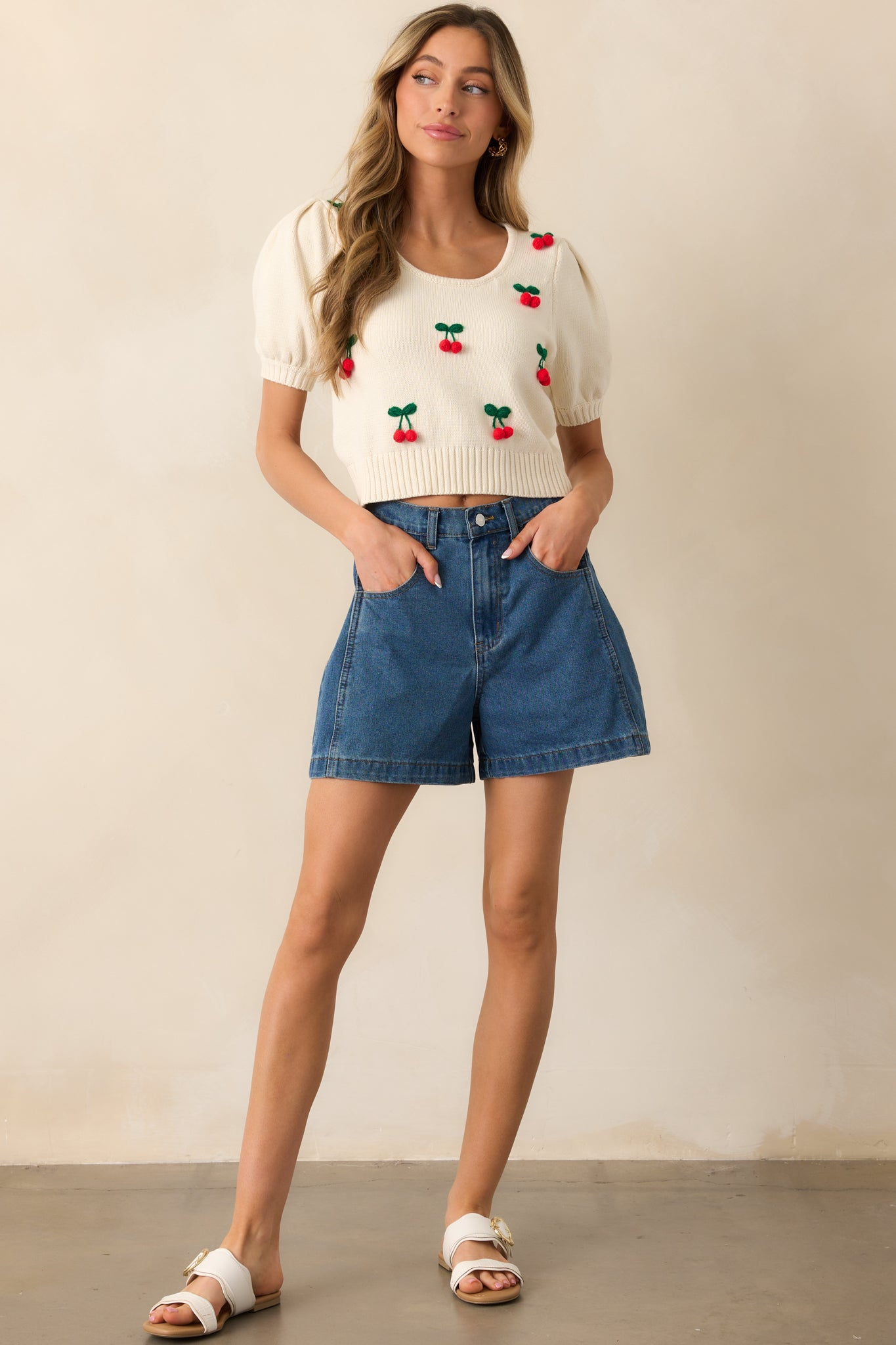 Ivory Cherry Embroidered Knit Top - Casual Tops | Red Dress