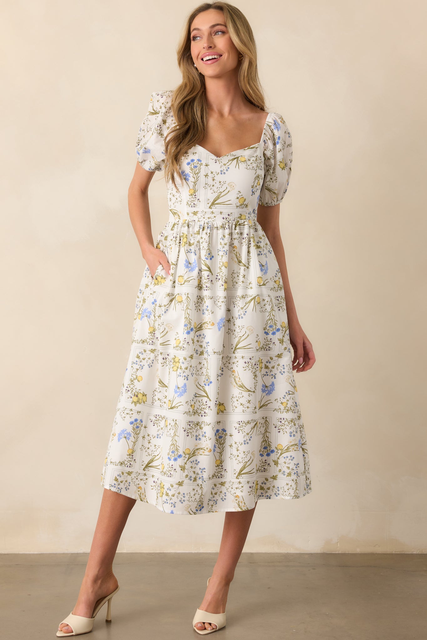floral printed midi dress White Lemon Print Cotton - Dresses 35” Length Size:9-9,5 US / 40 size-5xl9-10yrs Outfit Ideas Navy Blue