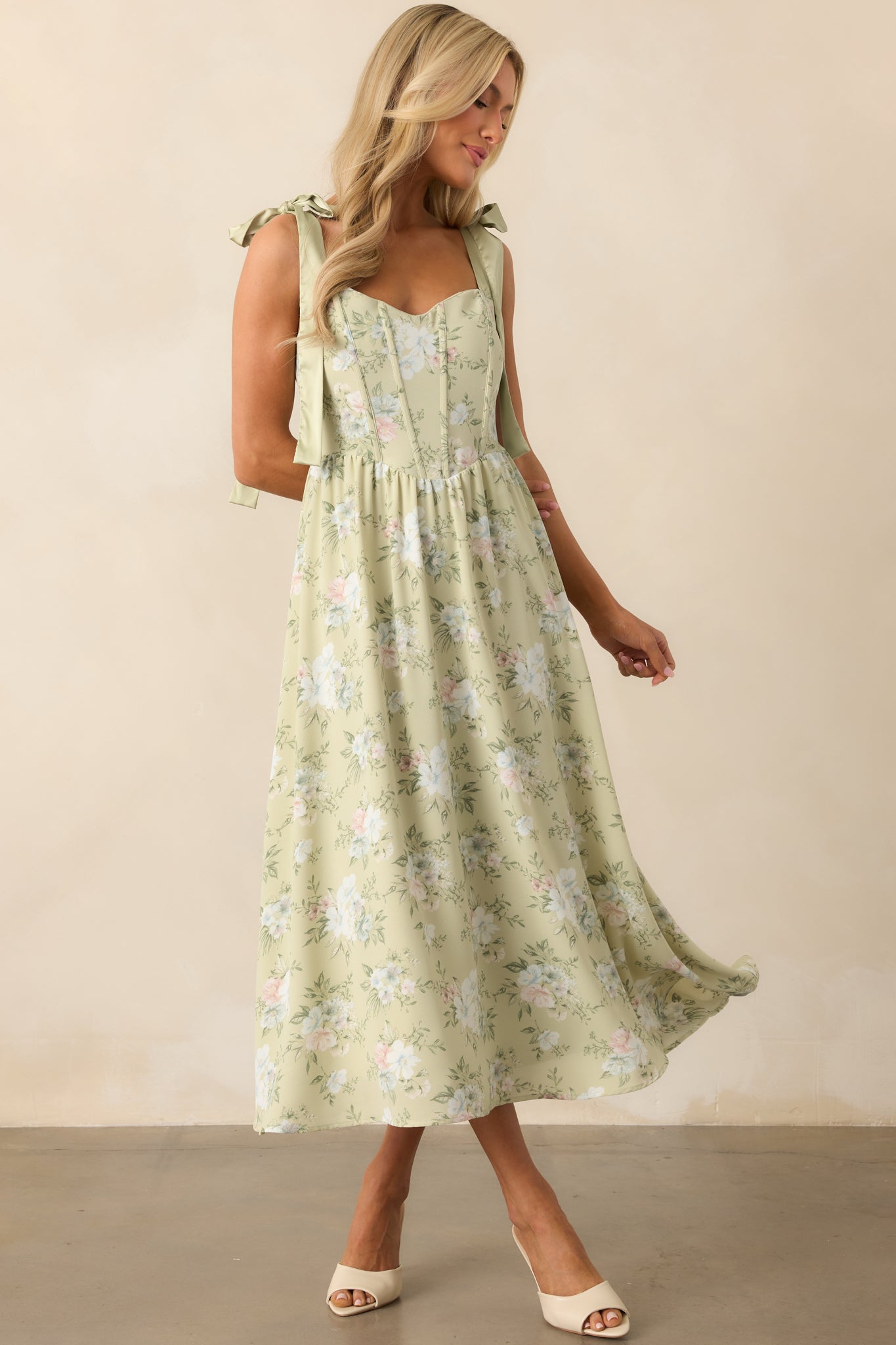 sage green chiffon corset bandeau draped midi dress Light Floral - Maxi Dresses GL-04.22.24