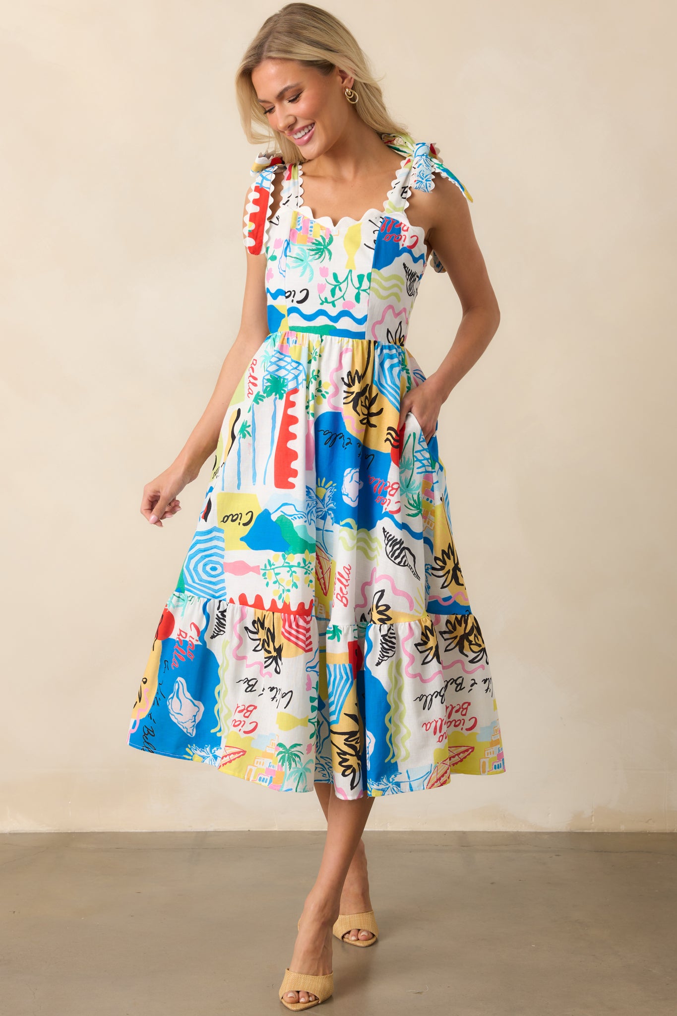 Multi Tropical Print Linen Midi Dress - All Dresses | Red Dress