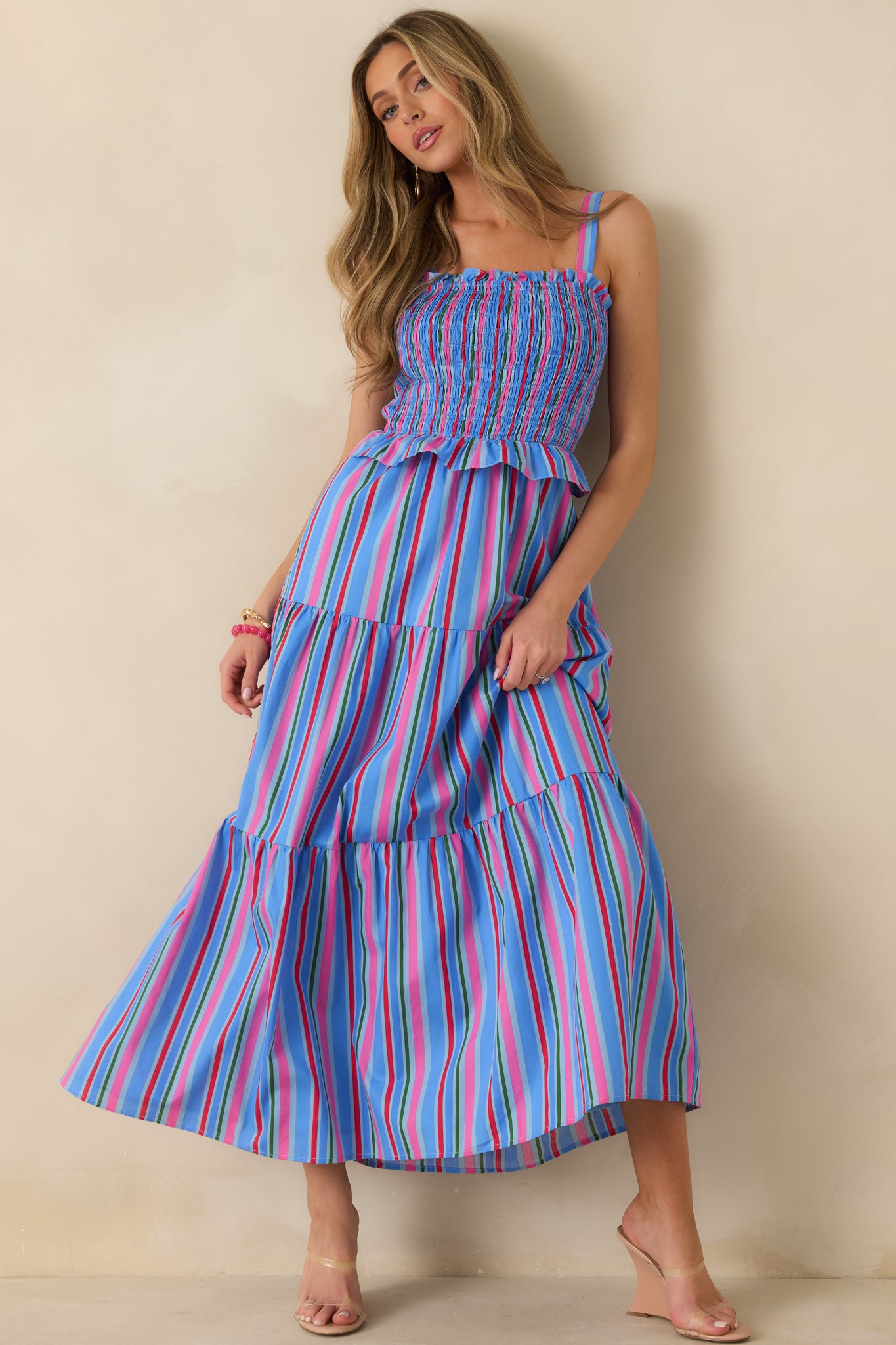 red and blue dress women Women's Sunny Side Up Multi Stripe Cotton Smocked Tiered Maxi | Size: L Boho Beach Wedding Gown Size:XL (11.5 - 15) Normal washing will not AVAILABLE FOR RESTOCK