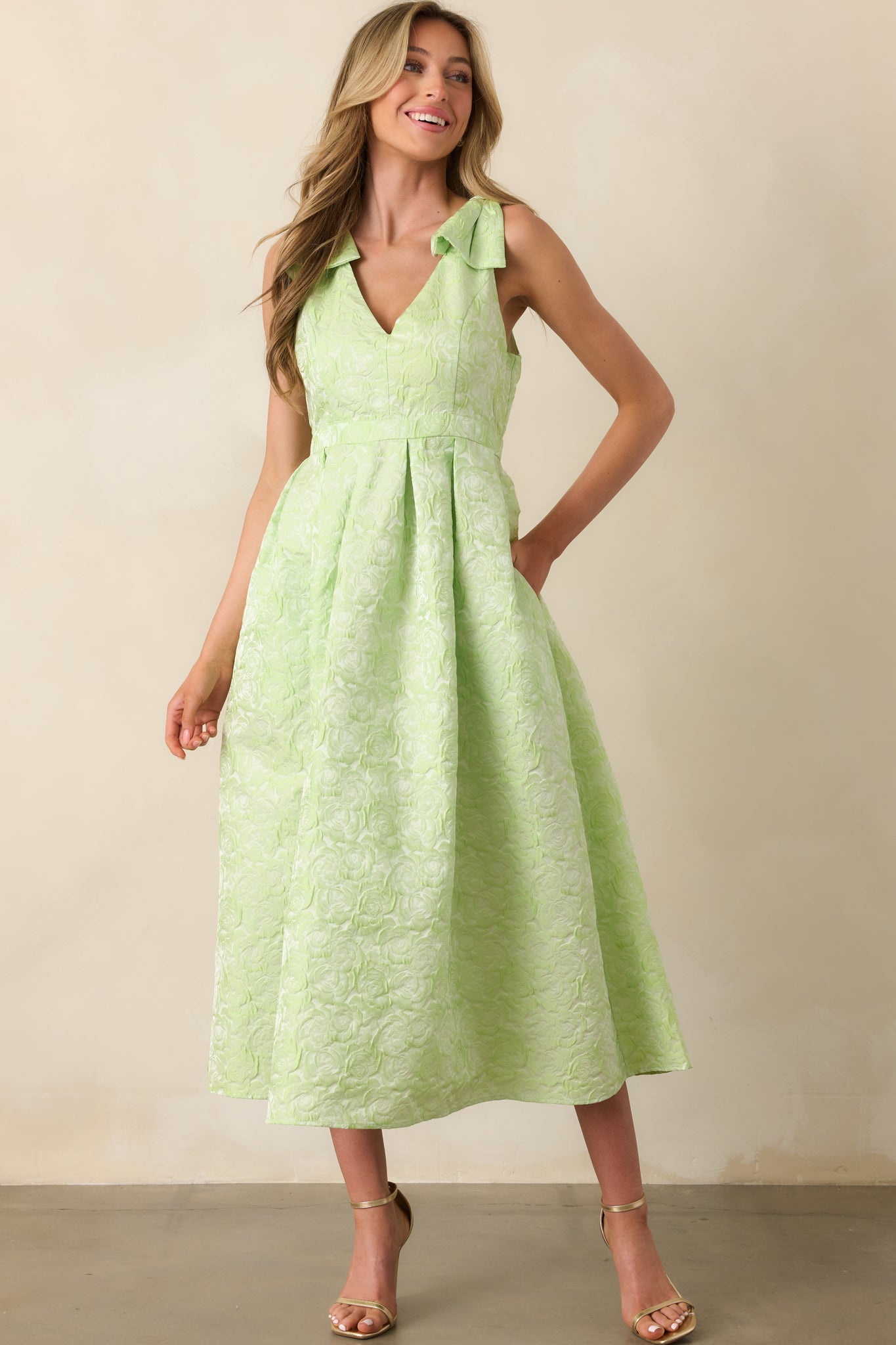 Chartreuse Floral Jacquard Midi Dress - All Dresses | Red Dress