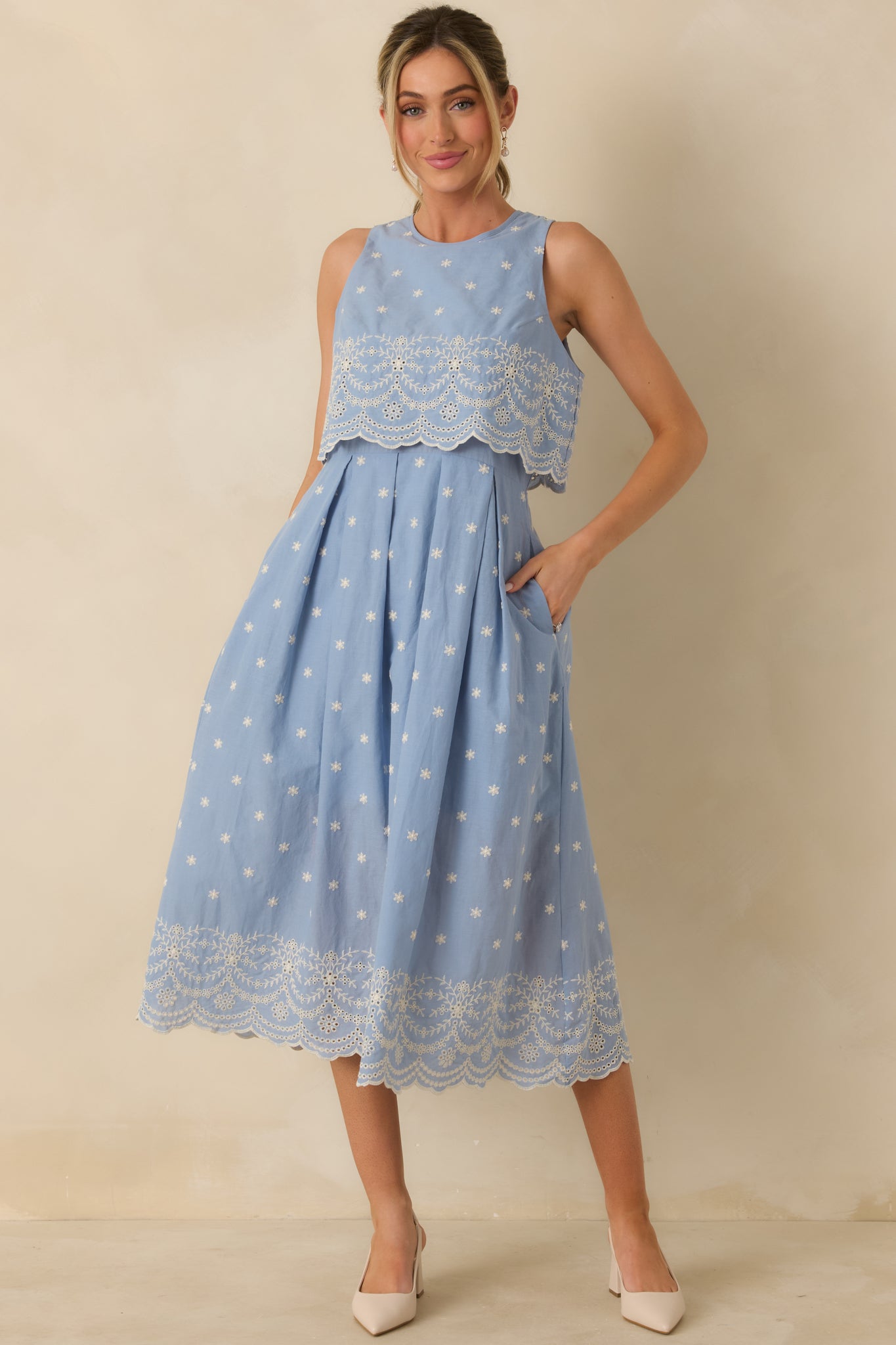 Light Blue Cotton Scallop Lace Embroidered Midi Dress - All