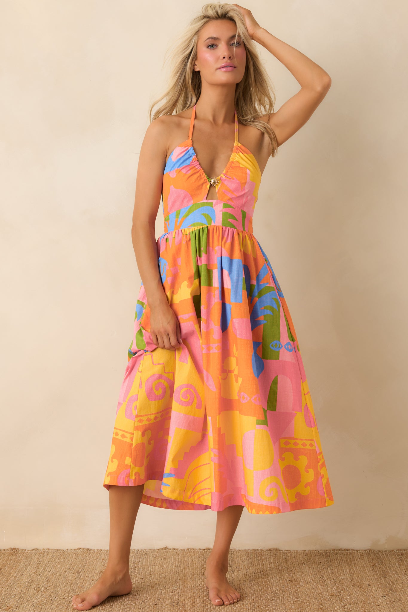 Paradisa Maldives Orange Multi Cotton Midi Dress | Red Dress