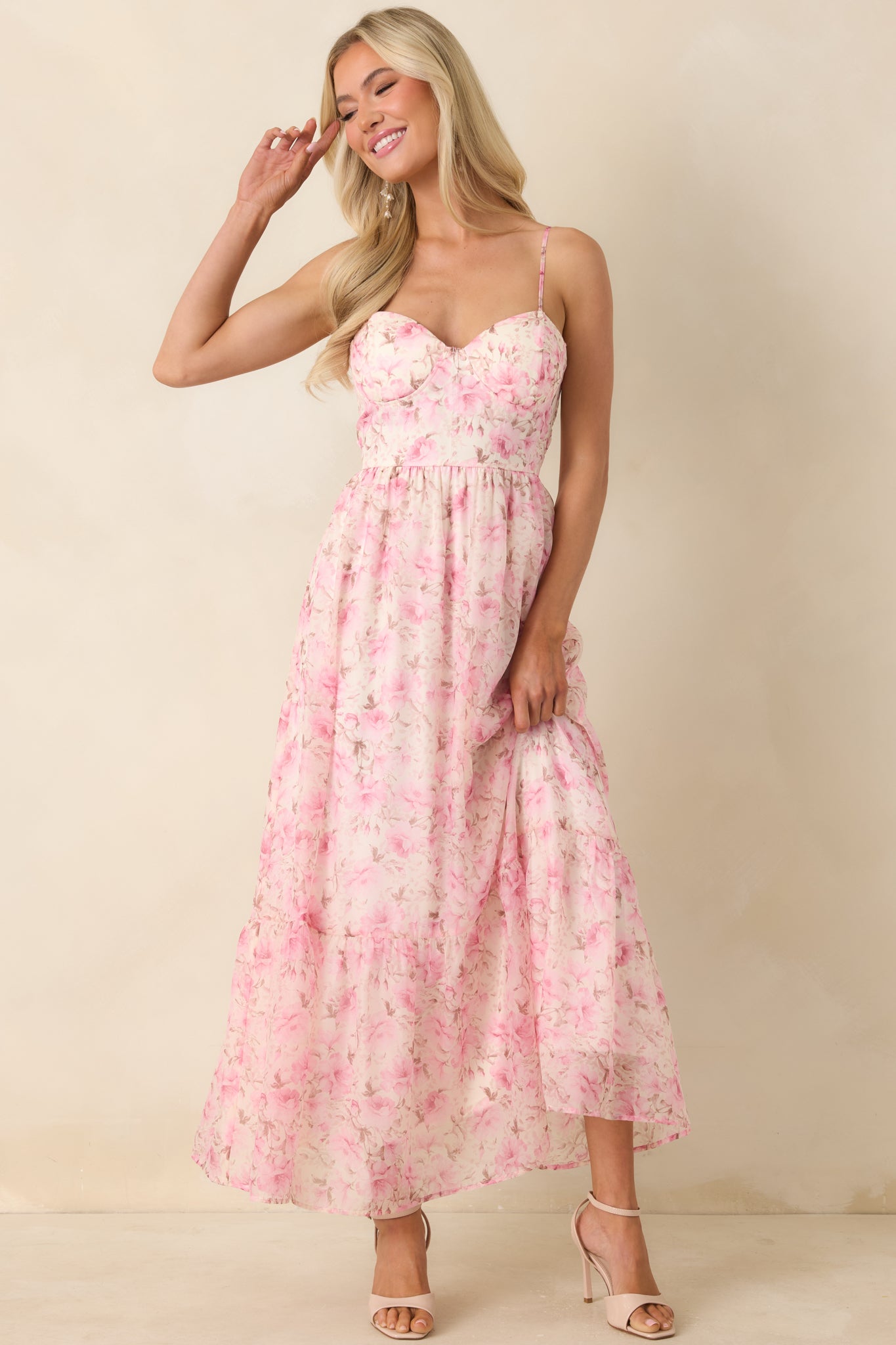fall floral midi dress Women's Love Me Softly Pink Bustier Maxi | Size: L Short Black and White features: Slit Small Scale Print Colour:Grey