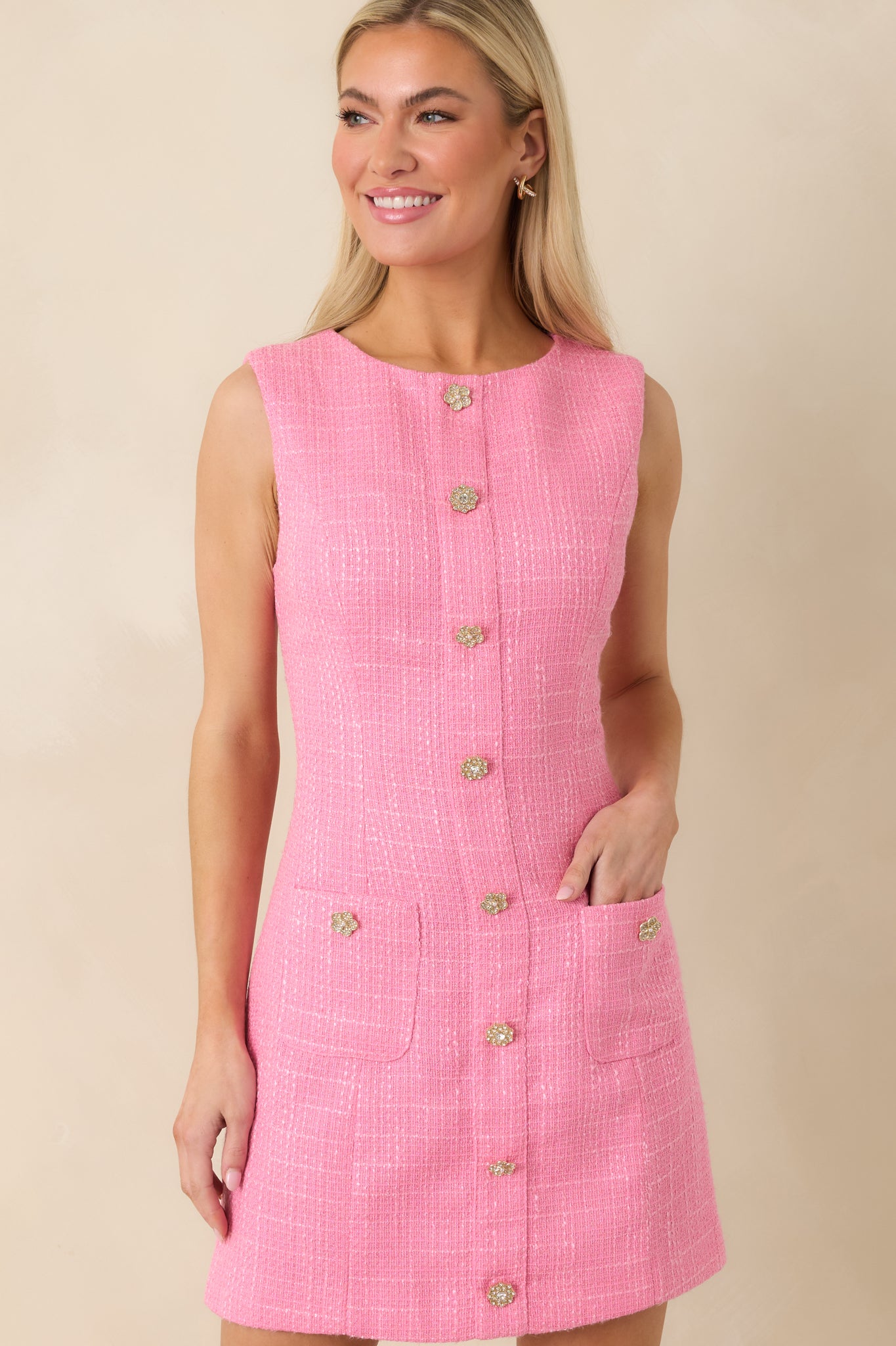 Pink Tweed Shift Mini Dress - All Dresses | Red Dress