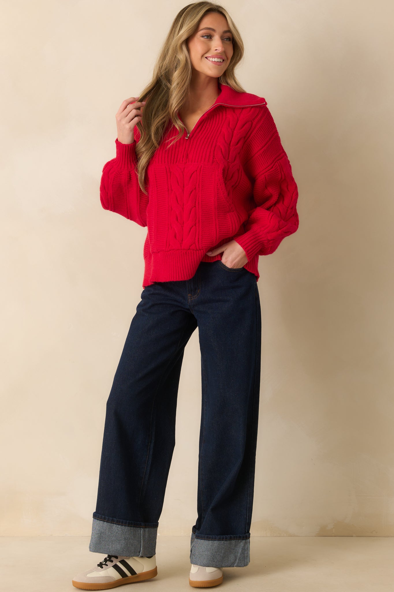 Red Cable Knit Quarter Zip Pullover - All Sweaters | Red Dress
