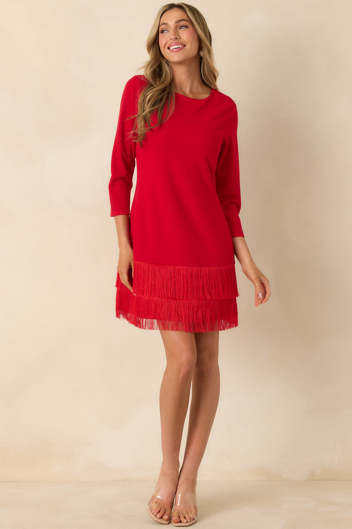 3 4 sleeve mini dress Women's Coming In Hot Red 3/4 Fringe | Size: S Light Yellow Prom Dresses Thigh length ED-051 Size:X-Large (8/10)