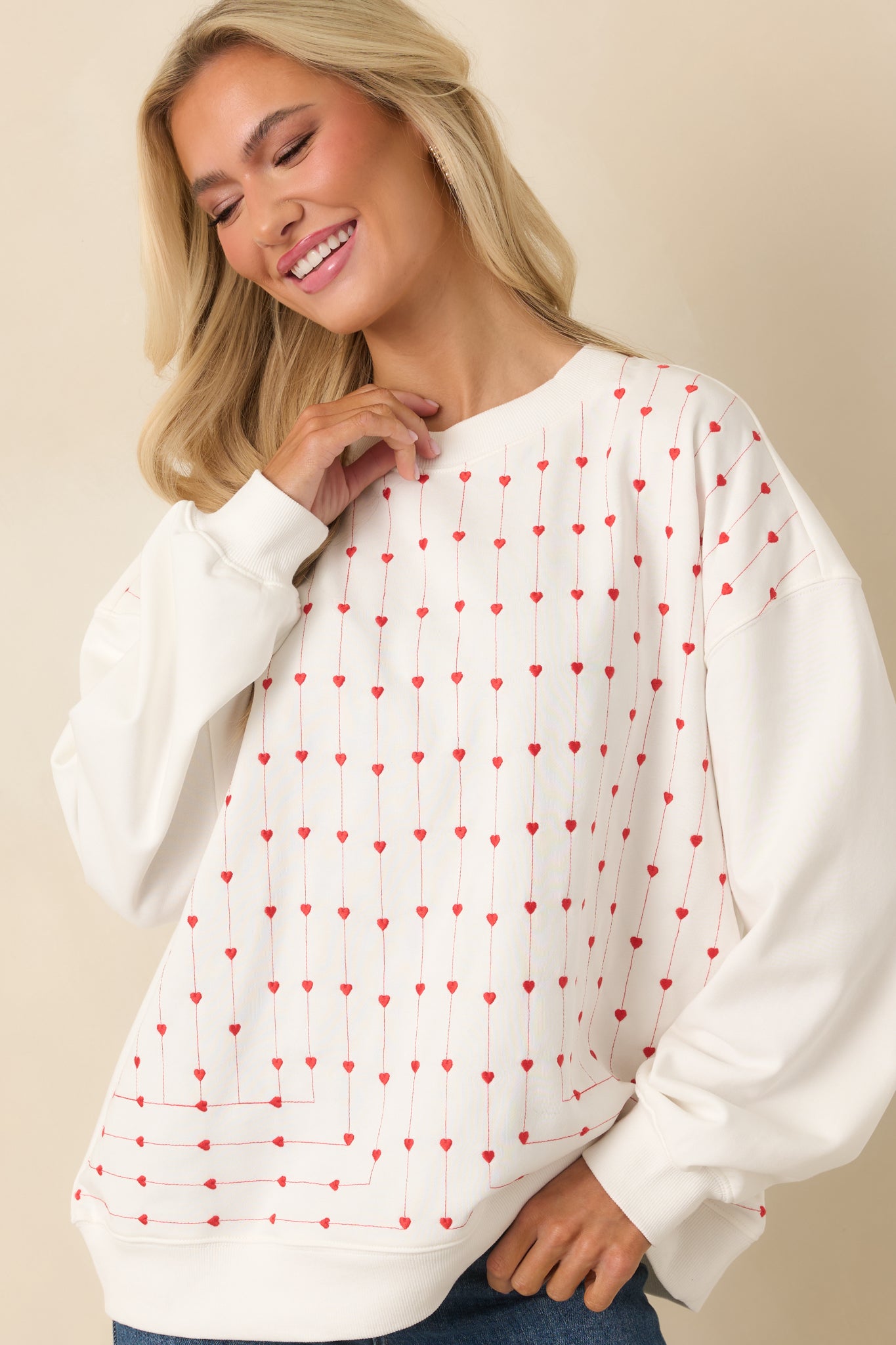 white dress with red hearts Women's Heartstrings Attached Cotton Embroidered Heart Crewneck Sweatshirt | Size: M 45 inches Zara - Zw Collection Lining color:Blush 3426