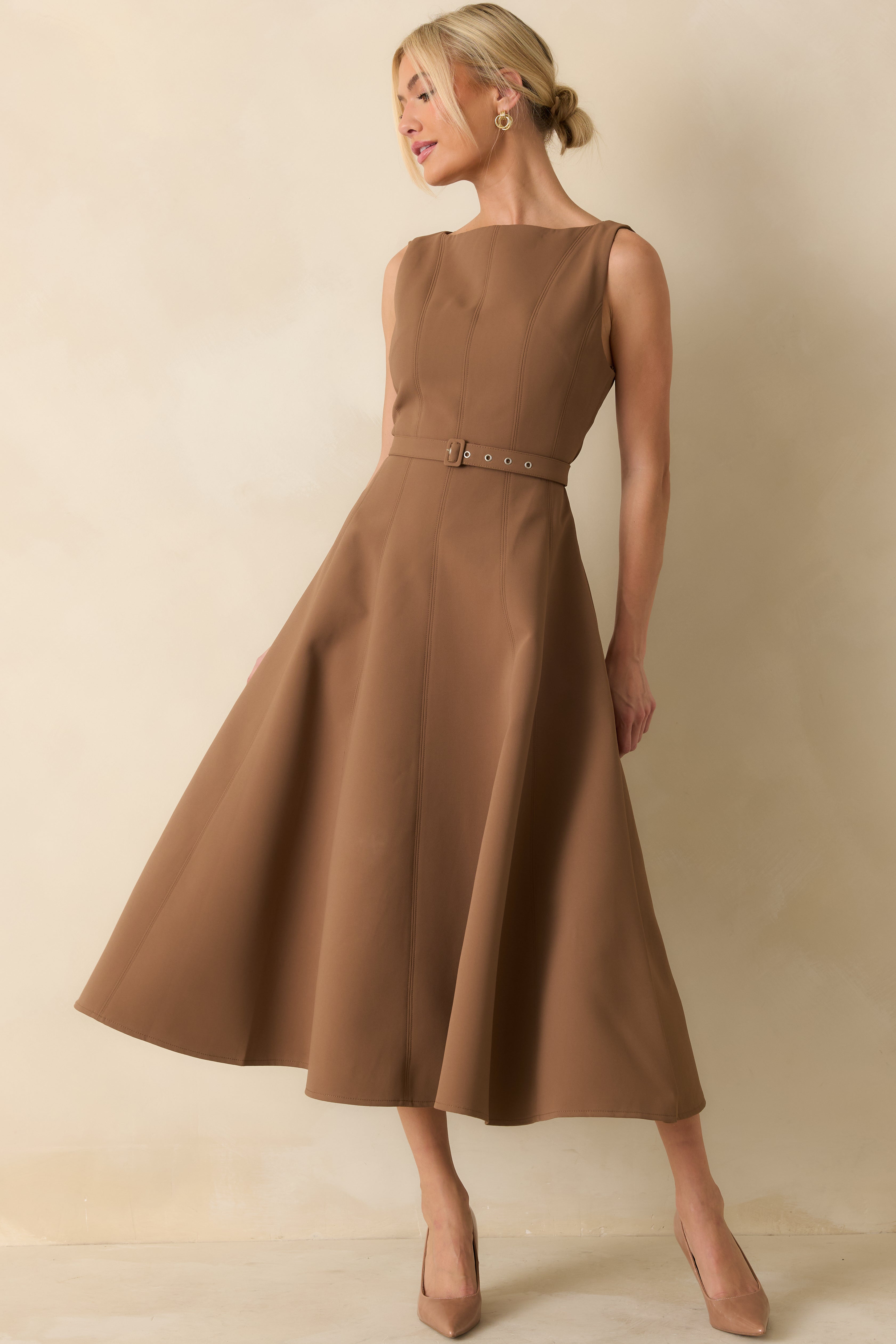 brown dress woman Toffee Belted Sleeveless Midi - Women's Dresses Model Elsa Birthday Party [CODE: APPSPEEDY15] SPEEDY SHIPPING B Bust 36 (92 cm) Size:36 EU = 5 1/2 US