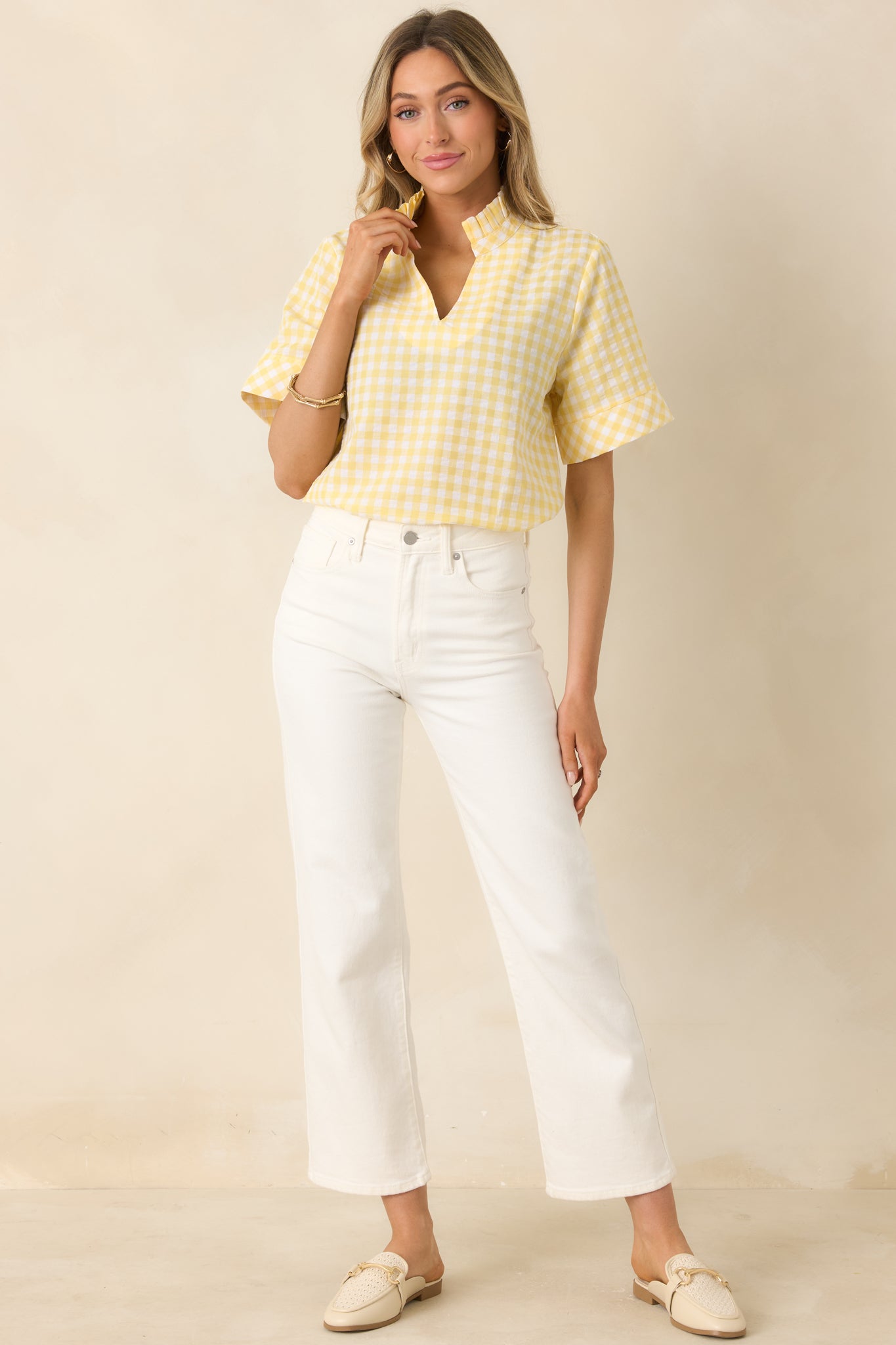 Red Dress | Yellow Gingham Cotton V-Neck Top - All Tops