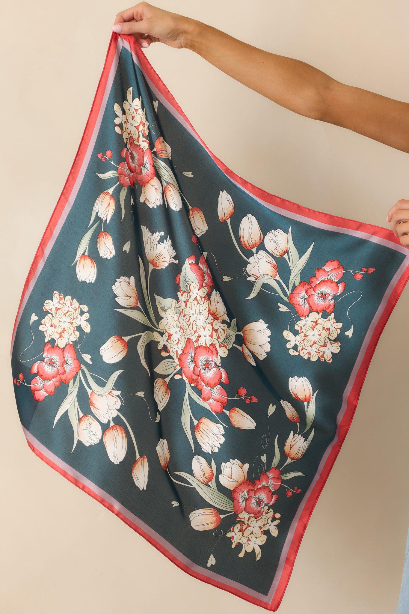 Private Label Navy Floral Bow Scarf with Red Edge Entwined Heart Square Scarf | Talbots main image 3
